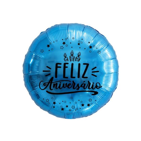 BALAO METAL. REDONDO FELIZ AN. AZUL 45CM DAFESTA