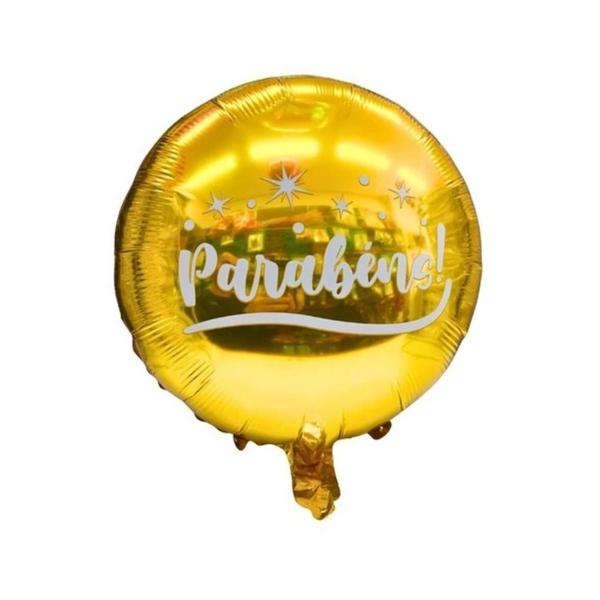 BALAO METAL. REDONDO PARABENS DOURADO 45CM DAFESTA