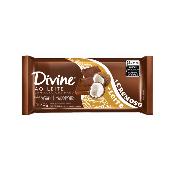 CHOC BARRA AO LEITE MAIS CREMOSO C/COCO 70G DIVINE