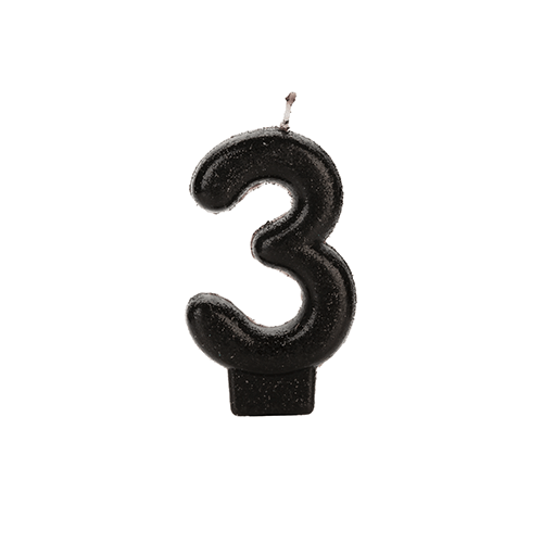 VELA PRETA GLITTER NUMERO 3 SILVER PLASTIC