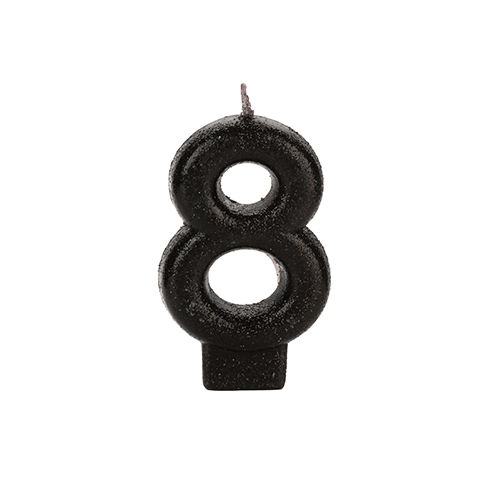VELA PRETA GLITTER NUMERO 8 SILVER PLASTIC