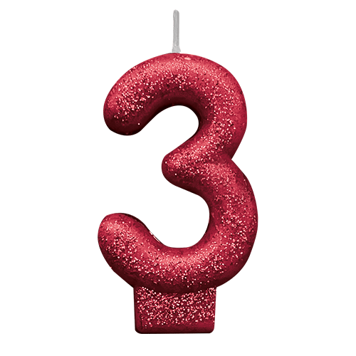 VELA VERMELHA GLITTER NUMERO 3 SILVER PLASTIC