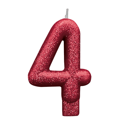 VELA VERMELHA GLITTER NUMERO 4 SILVER PLASTIC
