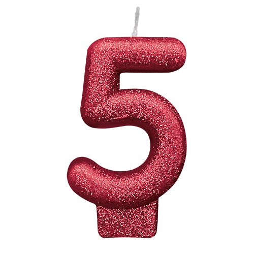 VELA VERMELHA GLITTER NUMERO 5 SILVER PLASTIC