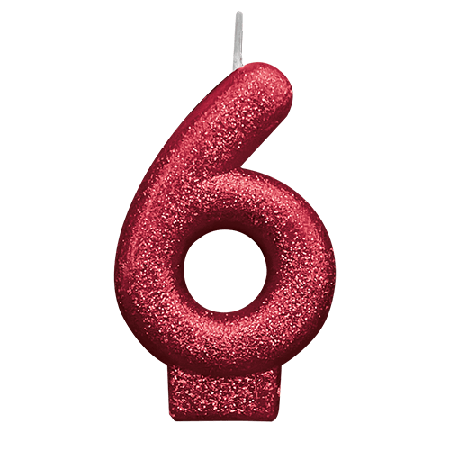 VELA VERMELHA GLITTER NUMERO 6 SILVER PLASTIC