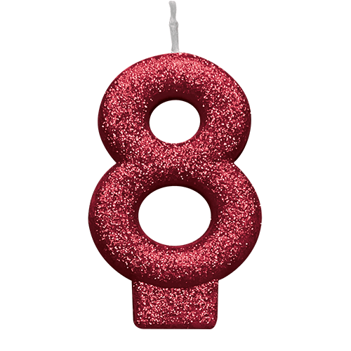 VELA VERMELHA GLITTER NUMERO 8 SILVER PLASTIC