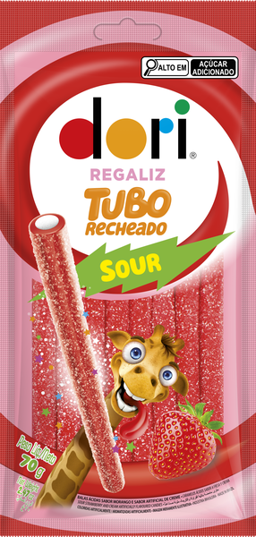 BALA ÁCIDA MORANGO TUBO RECHEADO DORI 70G