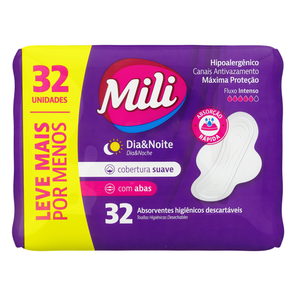 Absorvente Mili Dia e Noite Suave com Abas 32 Unidades
