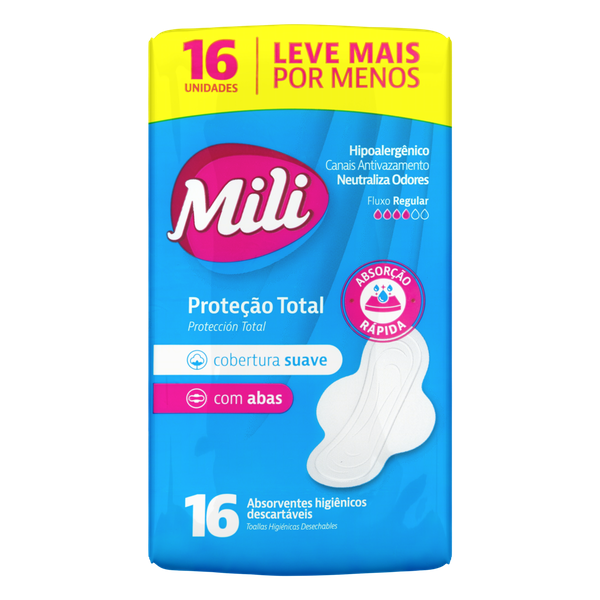 Absorvente Mili Protetor Total Suave com Abas 16 Unidades