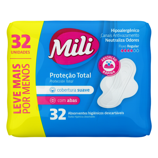 Absorvente Mili Protetor Total Suave com Abas 32 Unidades