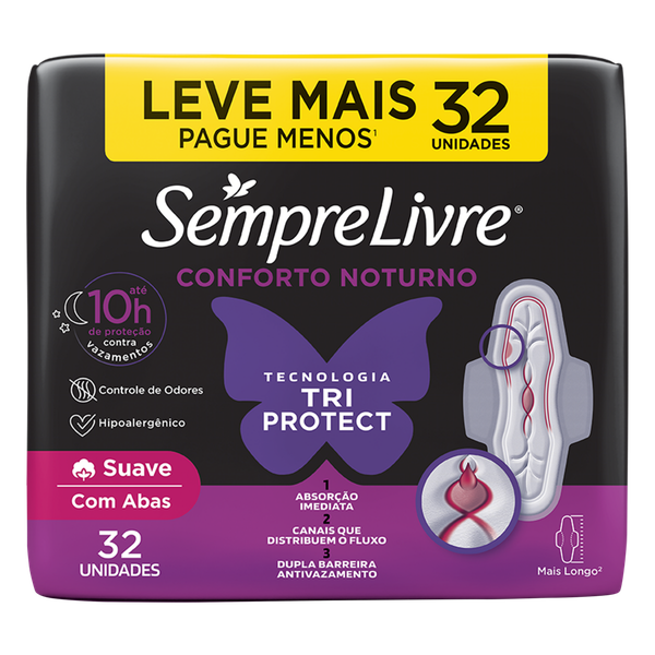 Absorvente Sempre Livre Noturno Suave com Abas 32 Unidades