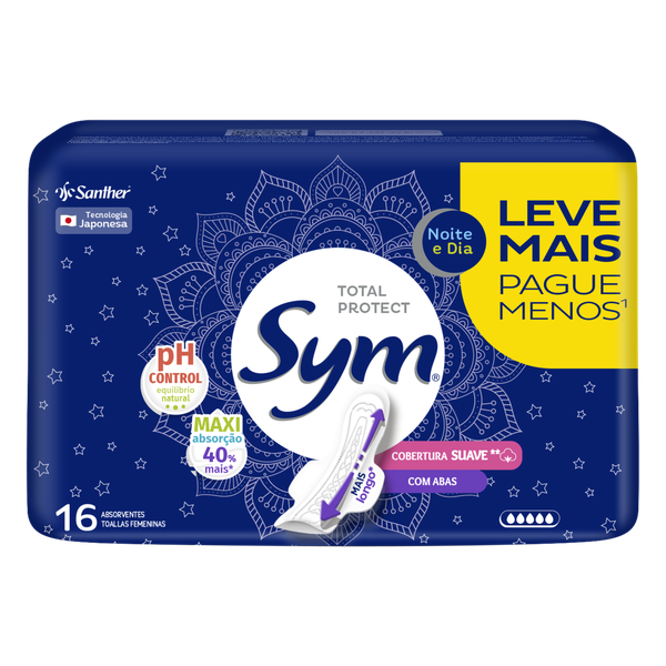 Absorvente Sym Suave Noite e Dia com Abas Leve 16 Pague 14 Unidades