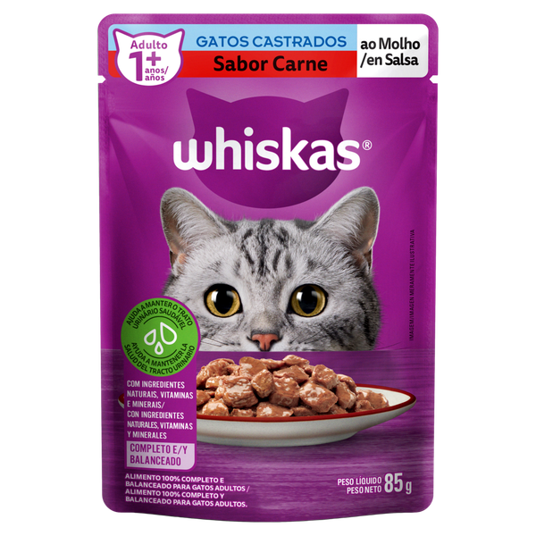 Ração Whiskas Castrados Sachê Carne 85g