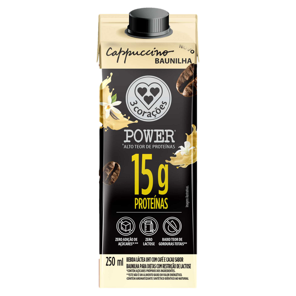 Bebida Láctea 3 Corações Power Baunilha Zero Lactose 250ml