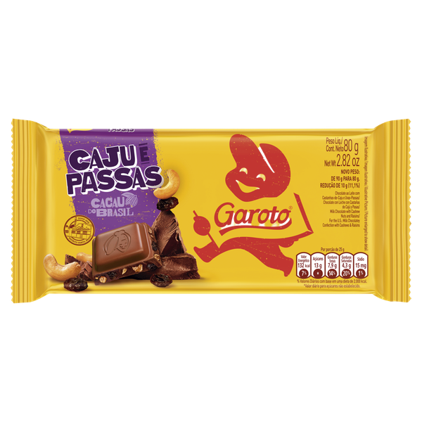 Chocolate Barra Ao Leite Castanha de Caju e Passas Garoto 80g