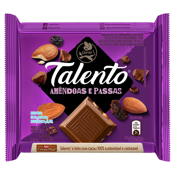 Chocolate Garoto Talento Amêndoas e Passas 85g