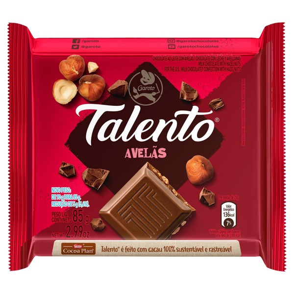 Chocolate Garoto Talento Ao Leite com Avelã 85g