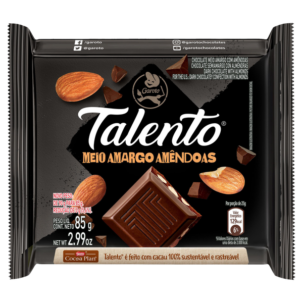 Chocolate Garoto Talento Meio Amargo com Amêndoas 85g