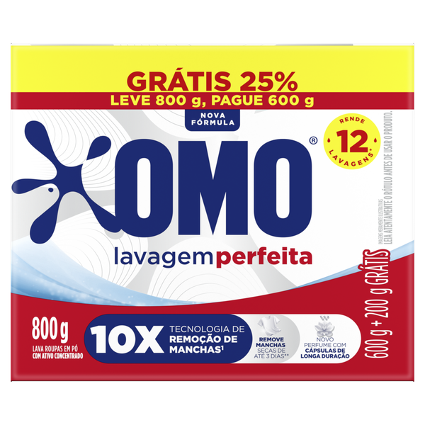 Detergente Pó Omo Lavagem Perfumado Leve 800g Pague 600g