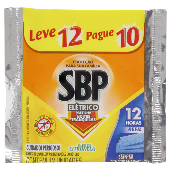 Inseticida Refil Elétrico SBP Pastilha Citronela Leve 12 Pague 10 Unidades
