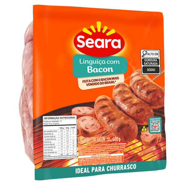 Linguiça Suína Seara Congelado Bacon 600g
