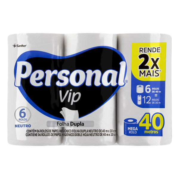 Papel Higiênico Personal VIP Folha Dupla 40m 6 Unidades