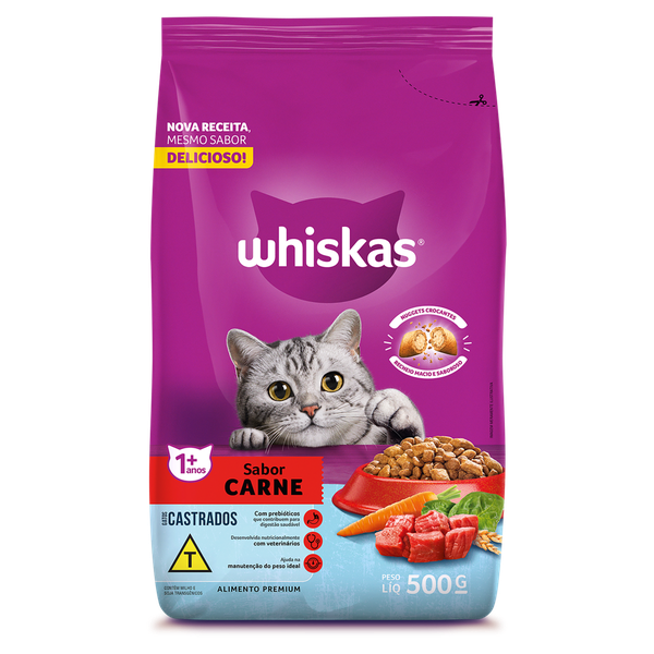 Ração Whiskas Castanho Carne 500g