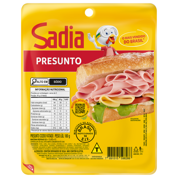 Presunto Cozido Sadia Fatiado 180g