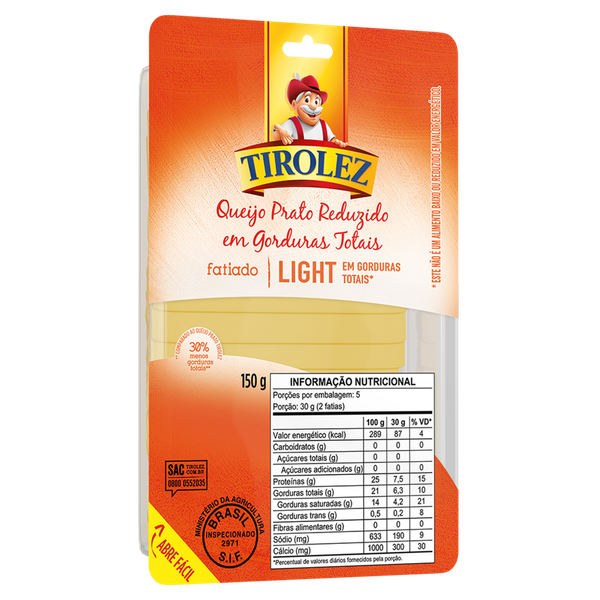 Queijo Prato Tirolez Light Fatiado 150g