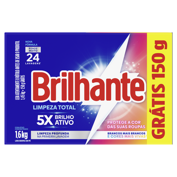 Detergente em Pó Brilhante Limpeza Total Leve 1,6kg Pague 1,45kg
