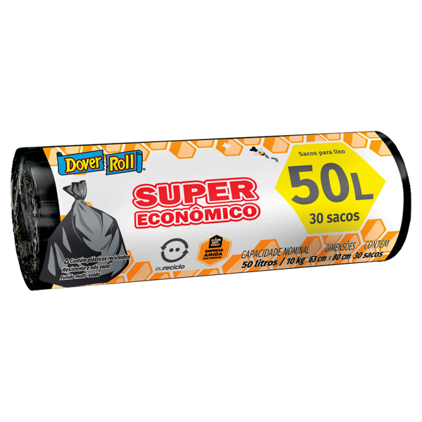 Saco para Lixo Dover Roll Econômico Preto 50L 30 Unidades