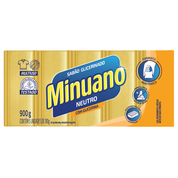 Sabão em Barra Minuano Neutro 900g - Com 05 unidades de 180g Cada