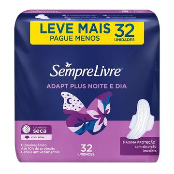 ABSORVENTE SEMPRE LIVRE ADAPT PLUS NOITE E DIA COBERTURA SECA COM ABAS C/32 LEVA MAIS PAGUE MENOS
