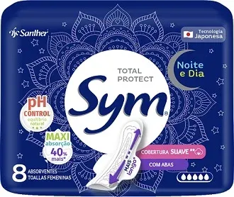 ABSORVENTE SYM NOITE E DIA COBERTURA SUAVE COM ABAS COM 8 UNIDADES