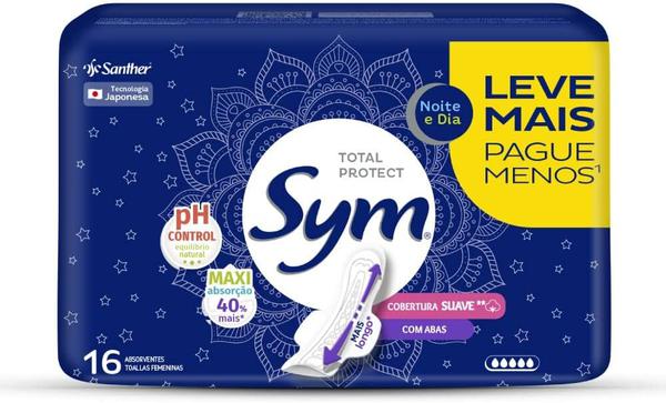ABSORVENTE SYM NOITE E DIA COBERTURA SUAVE COM ABAS COM 16 UNIDADES