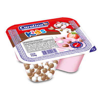 BEBIDA LÁCTEA CAROLINA KIDS SABOR MORANGO COM CEREAIS DE ARROZ COBERTOS COM CHOCOLATE BRANCO E PRETO 125G