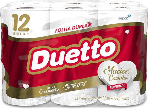 PAPEL HIGIÊNICO DUETTO PERFUMADO FOLHA DUPLA COM 12 ROLOS DE 30 METROS