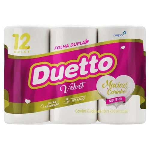 PAPEL HIGIÊNICO DUETTO VELVET NEUTRO FOLHA DUPLA COM 12 ROLOS DE 30 METROS