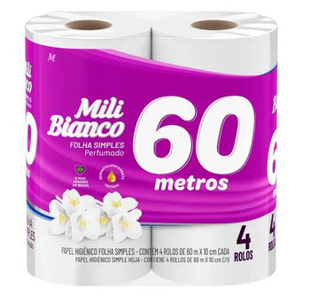 PAPEL HIGIÊNICO MILI BIANCO PERFUMADO COM 4 ROLOS DE 60 METROS
