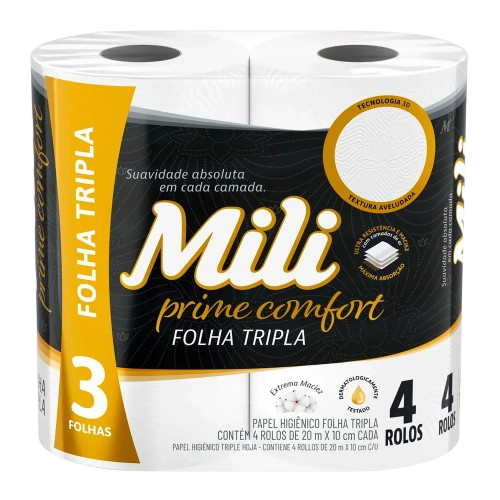 PAPEL HIGIÊNICO MILI PRIME COMFORT NEUTRO FOLHA TRIPLA COM 4 ROLOS DE 20 METROS