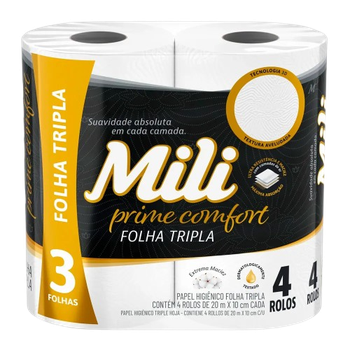 PAPEL HIGIÊNICO MILI PRIME COMFORT NEUTRO FOLHA TRIPLA COM 4 ROLOS DE 20 METROS
