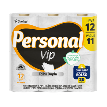 PAPEL HIGIÊNICO PERSONAL VIP NEUTRO FOLHA DUPLA COM 12 ROLOS DE 20 METROS