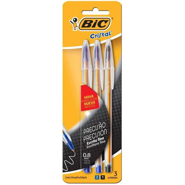 Caneta Bic Cristal  Azul Preta C/3