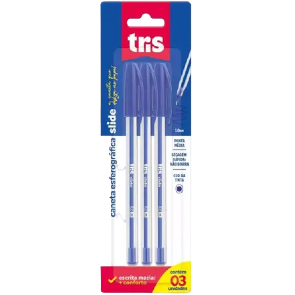 Caneta Esferografica Tris Slide 1.0mm Azul C/3