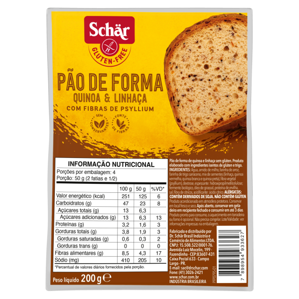 Pão De Forma Schar Quinoa/Linhaça Sem Glúten Sem Lactose 200g