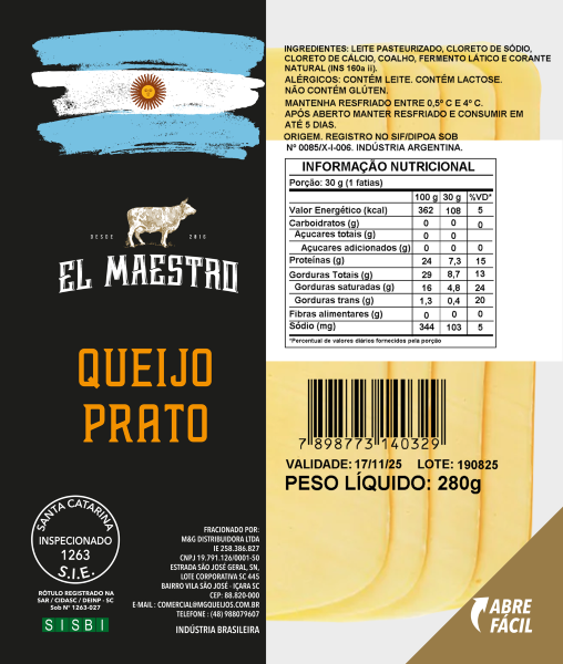 Queijo Prato Argentino Fatiado El Maestro 280g (Importação Brasão)