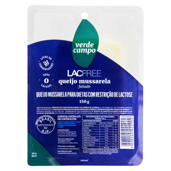 QUEIJO MUSSARELA LACFREE VERDE CAMPO 150G