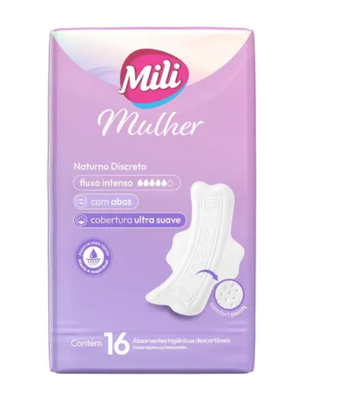 Absorvente Mili Mulher Noturno Discreto Com Abas 16 Unidades