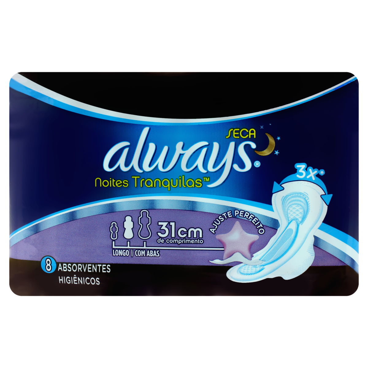 ABSORVENTE ALWAYS MEGA NOITES TRANQUILAS COBERTURA SECA COM ABAS PACOTE COM 8 UNIDADES