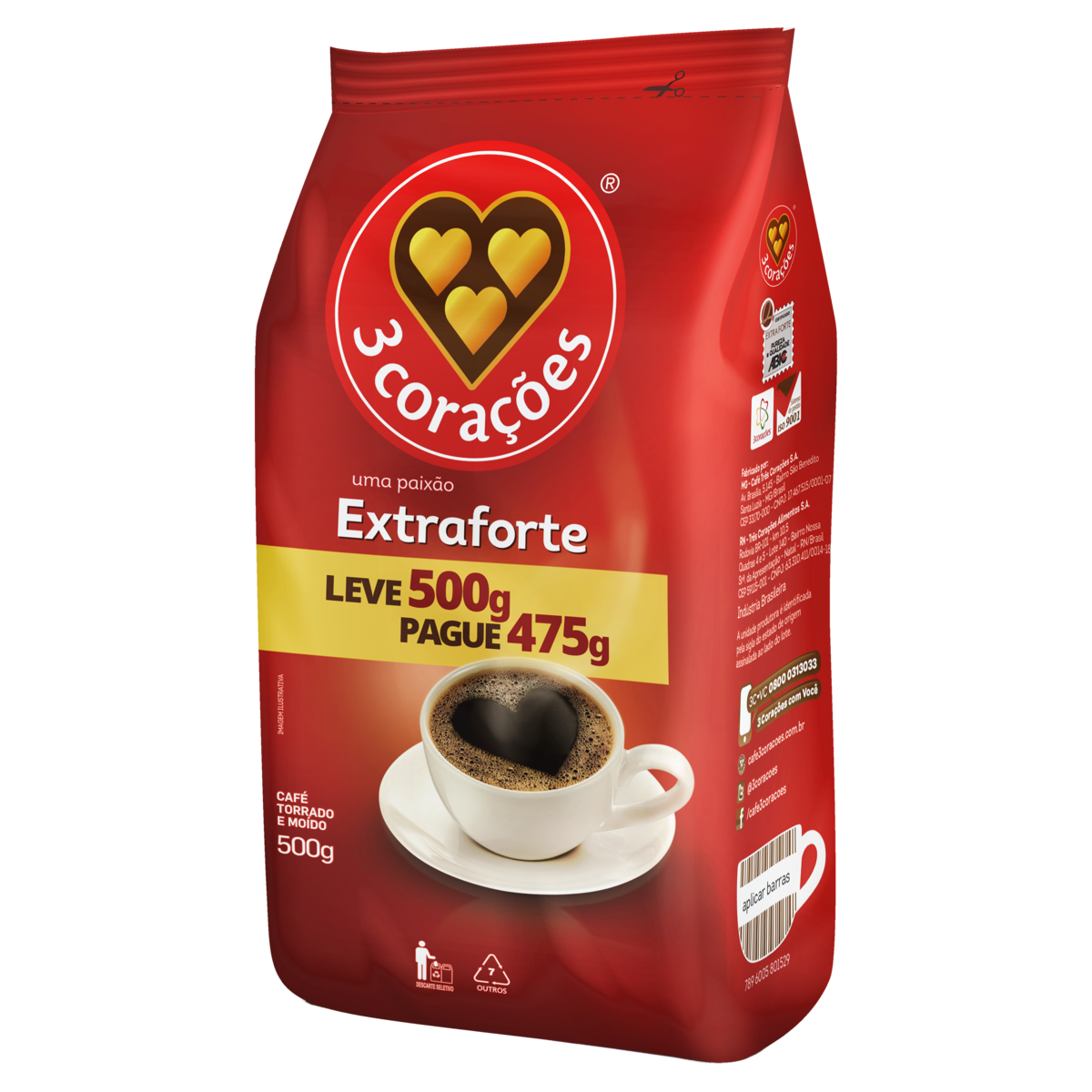 CAFE TORRADO MOIDO ALMOFADA  3 CORACOES PG 475G LV 500g EXTRA FORTE